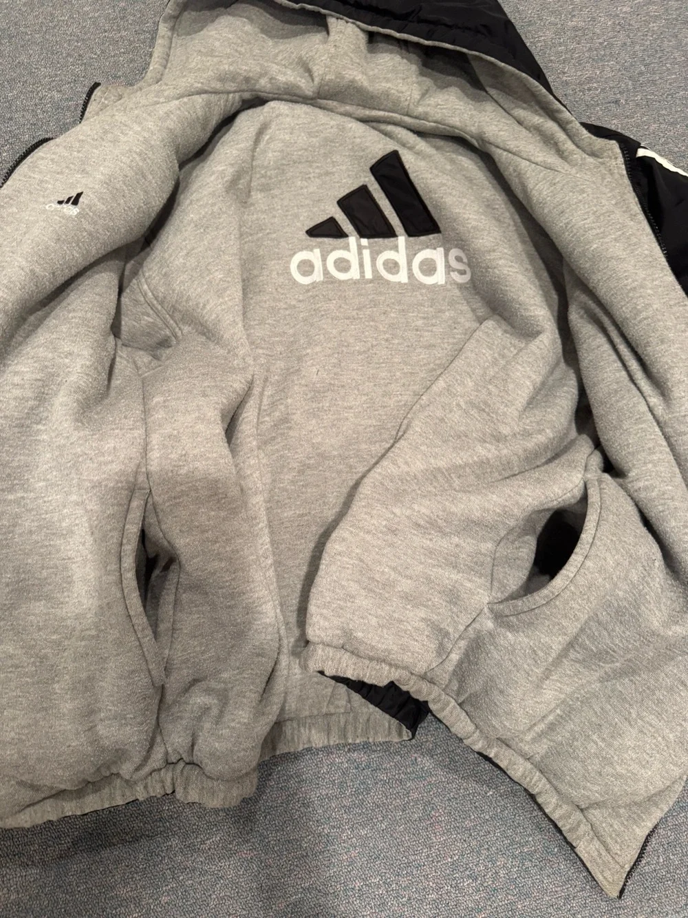 Vintage Adidas Black Hooded Reversible Hooded Puffer Jacket with White Stripe